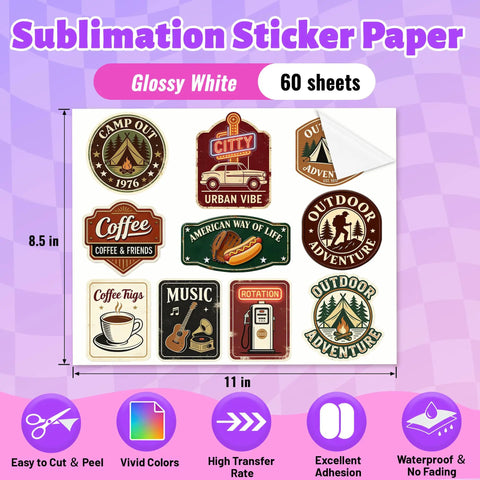 Sublimation Sticker Paper 60 Sheets 8.5x11 White Waterproof Glossy Vinyl for Inkjet Printers and Heat Presses High Transfer