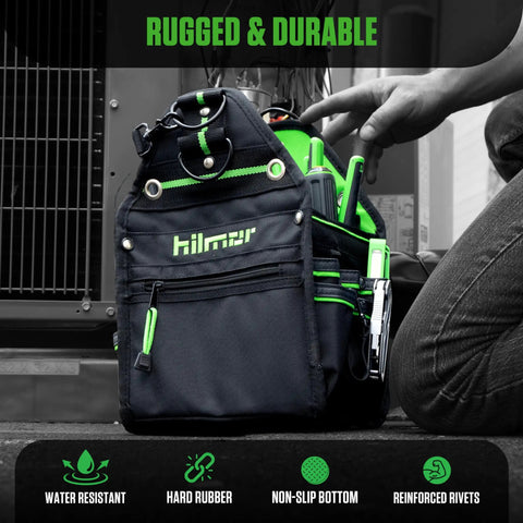 HVAC Tool Tote Bag With 27 Pockets And 13 Inch Size, Water Resistant Pro Carryall For HVACR Tools, shown with tools partially inserted.