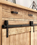 Side view of Bypass Mini Barn Door Hardware Kit With Double Sliding Rollers In Black Powder Coat installed on wooden cabinet.
