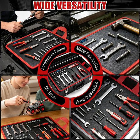 Magnetic Tool Mat And Telescoping Magnetic Pickup Tool Set for Garage And Workshop, displayed with various tools on mat
