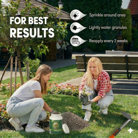 Two people applying All Animal Repellent Granules Ready To Use For Lawns, Gardens And Yards Keep Deer And Rabbits At Bay next to flower bed.