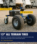Heavy Duty Goodyear Electric Trailer Dolly 3600 Lbs Capacity with 13" all terrain tires and 8" swivel wheels for easy maneuverability.