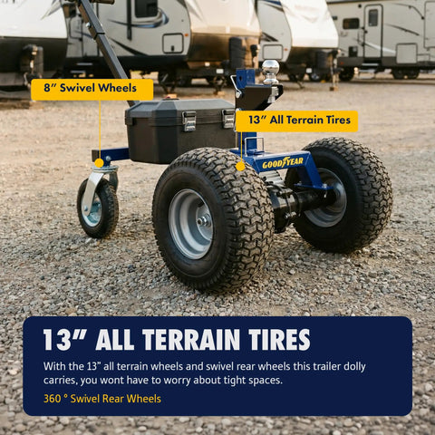 Heavy Duty Goodyear Electric Trailer Dolly 3600 Lbs Capacity with 13" all terrain tires and 8" swivel wheels for easy maneuverability.