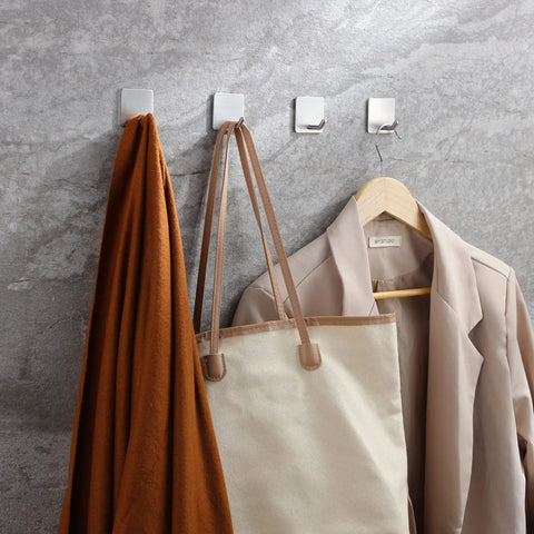 Self Adhesive Towel Hooks Four Pack Stick On Wall Stainless Steel 304 holding robe, bag, and towel, no drill, heavy duty adhesive.
