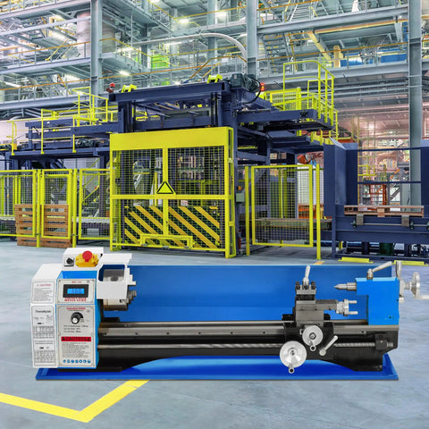 Top Tier 8 By 30 Inch Mini Precision Metal Lathe Machine With 750 Watt Variable Speed Control and Digital Display Readout in a factory setting.