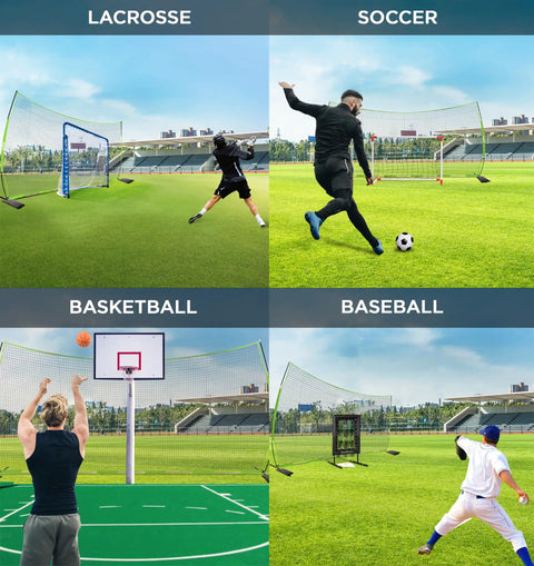 Backstop Net 20 Feet By 10 Feet For Lacrosse And Soccer Backyard Sports Barrier Netting with players practicing shots.