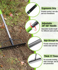 65 Inch Bow Rake For Heavy Duty Garden Work With 17 Tine Metal Head And High Strength Adjustable Handle in use on soil