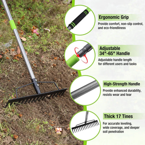 65 Inch Bow Rake For Heavy Duty Garden Work With 17 Tine Metal Head And High Strength Adjustable Handle in use on soil