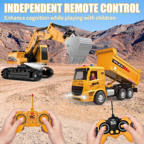 RC Construction Vehicle Set With Excavator And Dump Truck Includes Barricades Road Signs Simulated Rocks Lights And Sounds Kid Tested Dual Remote Controls A Fun Birthday Gift For Kids Ages 3 Through 12 Boys And Girls