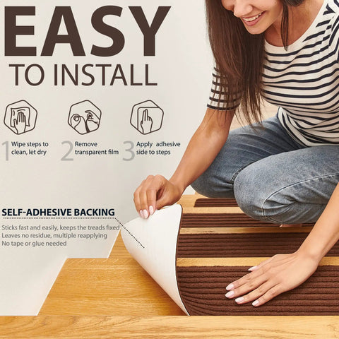 Non Slip Stair Treads For Wood Stairs 14 Pack 8.5 By 30 Inches With Landing Rug And Brush Indoor Brown Stair Runners Safe Steps demonstrating self-adhesive backing installation.