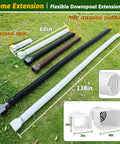 2 Pack Gutter Downspout Extensions 138 Inches With Filter, Flexible Corrugated Gutter Pipe, Rain Diverter on grass, black and white