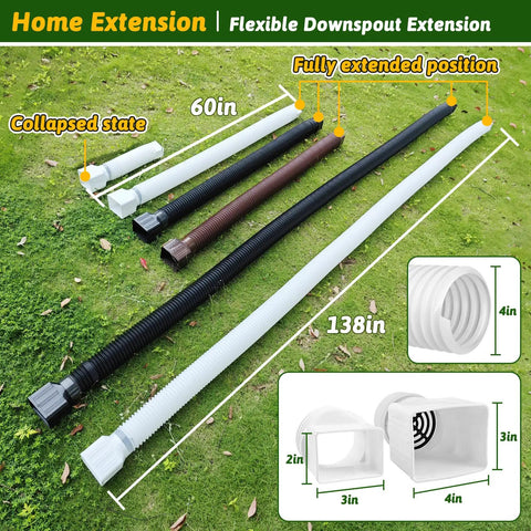 2 Pack Gutter Downspout Extensions 138 Inches With Filter, Flexible Corrugated Gutter Pipe, Rain Diverter on grass, black and white