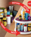 Non Skid 2 Tier Pantry Cabinet Lazy Susan Turntable 12 Inch White Purple organizing cabinet items before and after