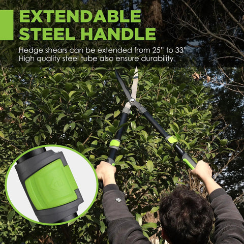 Extendable Hedge Shears 25 To 33 Inch Adjustable Manual Hedge Clippers cutting thick branches on a shrub in a garden