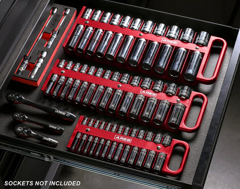 Magnetic Socket Holder For 3/8 Inch Drive Red Organizer Holds 28 Sockets, arranged in toolbox drawer, sockets not included