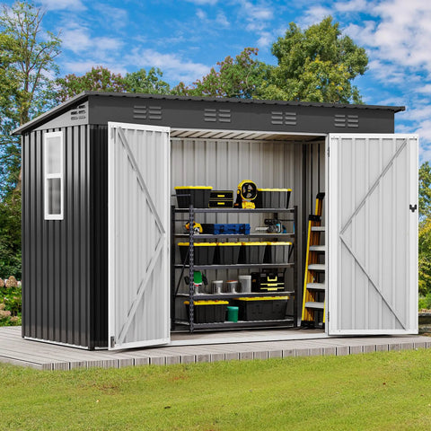 9x4 Outdoor Storage Shed With Windows And Lockable Double Doors Tough As Nails Steel Construction Sloped Roof Garden And Patio Organizer Large Backyard Tool Shed In Dark Gray