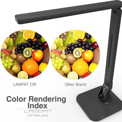 Super Handy Dimmable Led Desk Lamp With Four Lighting Modes For Reading Studying Relaxation And Bedtime Five Level Dimmer Touch Sensitive Controls One Hour Auto Timer Plus Usb Charging Port In Piano Black showing fruit color rendering comparison