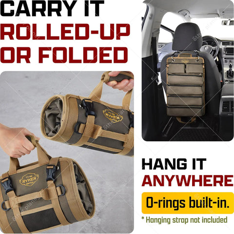 Roll Up Tool Bag Organizer Camouflage Heavy Duty Motorcycle Gear Roll With 4 Large Compartments And 2 Detachable Pouches Portable Tool Bag For Dads And Gearheads Gifts, shown rolled and hanging in car.
