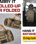 Roll Up Tool Bag Organizer 2 Pack Heavy Duty Portable Roll Up Pouch With Detachable Pouches hanging in a car and folded.