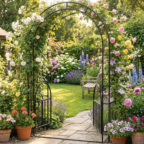 Heavy Duty 7Ft Garden Arch Arbor Made From Thick Steel For Climbing Plants Outdoor Trellis Arbour With Rust Resistant Powder Coat And Weatherproof Finish Keeps Your Yard Looking Sharp Easy Assembly adorned with flowers