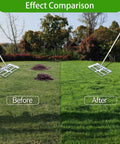 Effect comparison of Heavy Duty Lawn Leveling Rake with 17x10 Inch Head and 5 Foot Adjustable Stainless Steel Handle on grass.