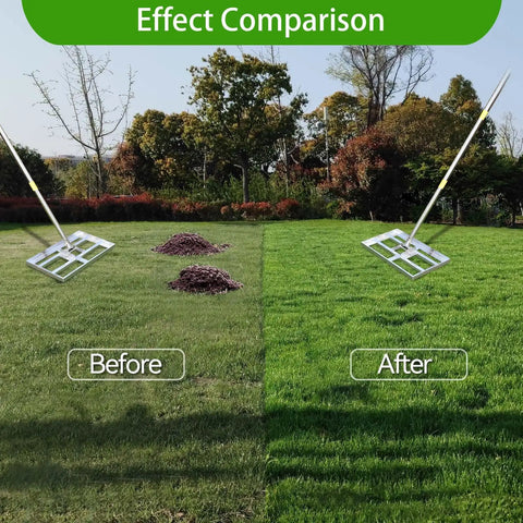 Effect comparison of Heavy Duty Lawn Leveling Rake with 17x10 Inch Head and 5 Foot Adjustable Stainless Steel Handle on grass.