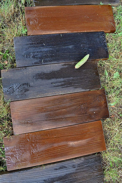 Two Piece Concrete Mold Set With Realistic Old Wood Look For Garden Stepping Stones Patio Pavers And Walkways installed outdoors