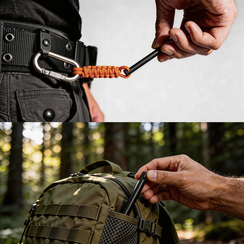 Beast Fire Starter Survival Kit With Four Ferro Rods In 4 Inch, 3.2 Inch And Two 2.4 Inch Sizes, shown on belt and backpack