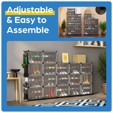 Space Saving Shoe Organizer Cabinet For Up To 72 Pairs With See Through Doors, Stackable Black Cubby displayed in living room