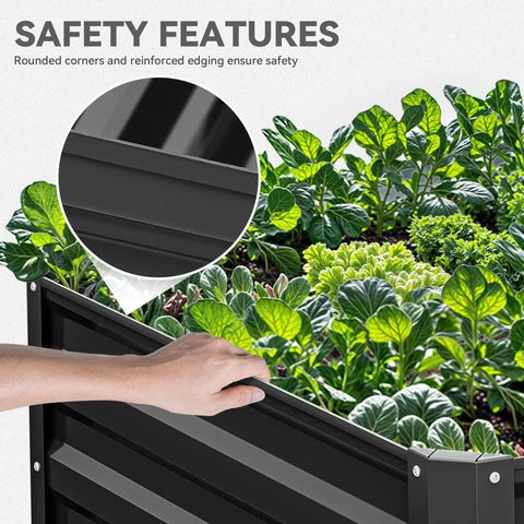 Side view of Two Pack Galvanized Raised Garden Bed Kit 6x3x2 Ft with growing vegetables, focus on safety features and metal structure.