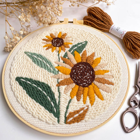 Sunflower Punch Needle Kit For Beginners - No-Fuss DIY Embroidery Starter Set with hoop showing sunflower design and tools
