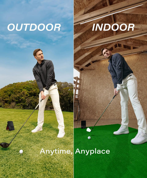Golfer using Pro Grade Golf Launch Monitor And 3D Driving Range Simulator For Indoor And Outdoor Use, setup shown in two environments.