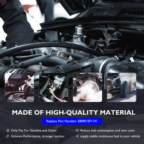 Car engine bay with captions about Inline 12 Volt Electric Fuel Pump For Carbureted Engines Low Pressure 5 to 9 PSI E8090 SP1141.