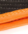Close-up of Heavy Duty Padded Moving Blankets 72 Inch By 80 Inch Pack Of Twelve, showing double-stitched black and orange polyester material