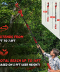 Rugged Electric Pole Pruner And Cordless Shears With Telescoping Rod, user extending from 5ft to 7.8ft for tree trimming.