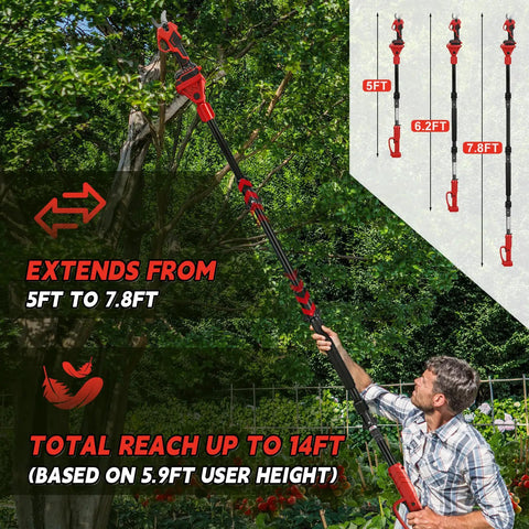 Rugged Electric Pole Pruner And Cordless Shears With Telescoping Rod, user extending from 5ft to 7.8ft for tree trimming.
