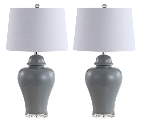 27 Inch Gray Ceramic Urn Table Lamps Set Of 2 With White Linen Shade For Living Room And Bedroom, LED Bulbs Included, Dope Farmhouse Style Bedside Lights, ETL Listed For Safety