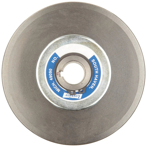 Heavy Duty Cast Iron Spring Pulley With Five Eighths Inch Bore Made For Classic V Belt Drives On Conveyors And Mixers Seven Inch O D shows a cast iron pulley with a 5/8 inch bore.