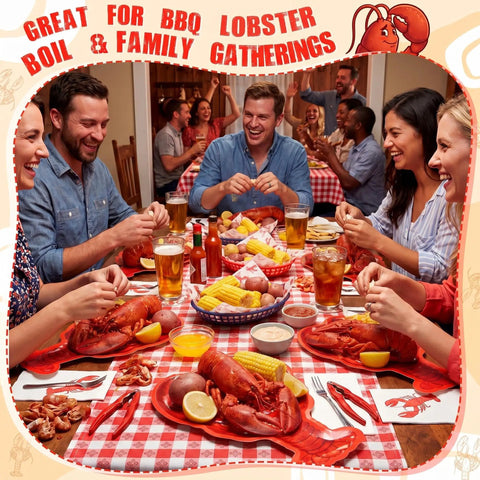Group enjoying seafood on Crawfish Paper Plates 50 Pack, 10x12 Disposable Lobster Boil Trays at a lively BBQ gathering.