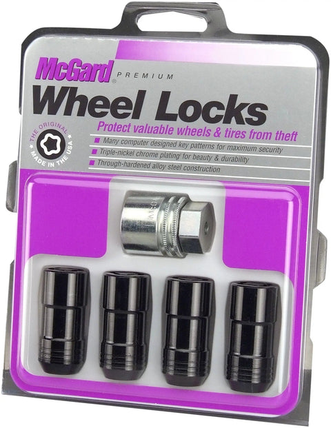 Black Cone Seat Wheel Locks Set of Four for Steel or Aluminum Wheels With M14 By 1.5 Thread, includes one key, in packaging