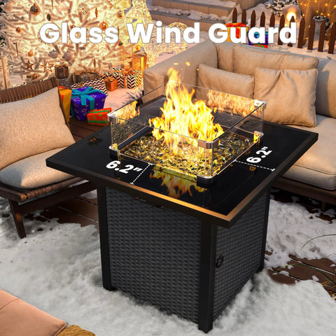28 Inch Rattan Square Outdoor Gas Fire Pit Table With Glass Wind Guard And Tempered Glass Top Includes Lid 50,000 BTU CSA Listed Weatherproof Wicker On Stainless Steel Frame Black Backyard Patio Deck Garden