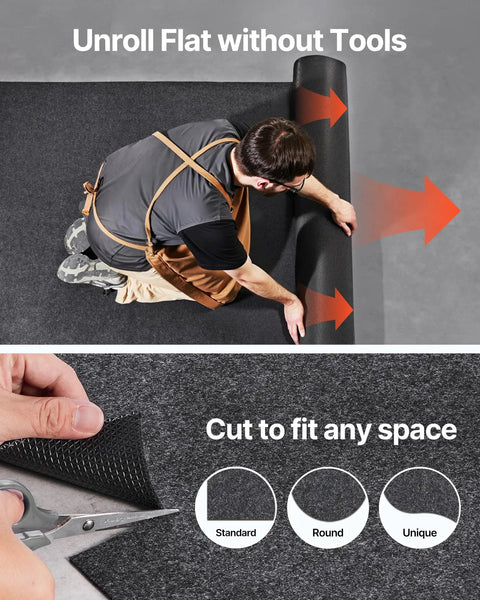 Heavy Duty Waterproof Garage Floor Mat 8 Foot 10 Inch By 22 Foot With Non Slip TPE Backing being unrolled and cut to fit
