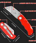 Front view of Jetmore 4-pack folding utility knives with red ABS handles and extra blades