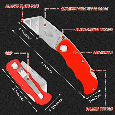 Front view of Jetmore 4-pack folding utility knives with red ABS handles and extra blades