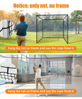 Durable Nylon Batting Cage Net Only For Backyard Golf Practice Seven Point Eight Foot Square With 10 Carabiners And 4 Tie Ropes Anti Miss Ball Corners Indoor Outdoor Net For Training And Practice displayed outdoors and indoors with golfers