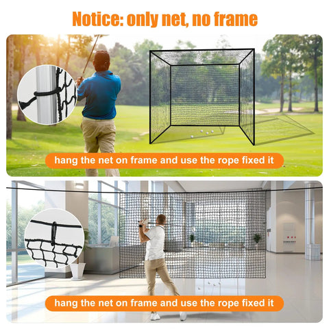 Durable Nylon Batting Cage Net Only For Backyard Golf Practice Seven Point Eight Foot Square With 10 Carabiners And 4 Tie Ropes Anti Miss Ball Corners Indoor Outdoor Net For Training And Practice displayed outdoors and indoors with golfers