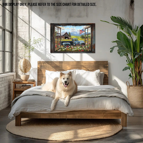 Farmhouse Open Window Barn Scene Wall Art With Vintage Blue Pickup And American Flag Panoramic Rural Landscape Canvas Print For Living Room And Kitchen 24 By 32 Inches