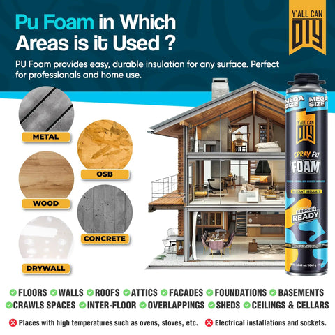 Illustration of PU foam usage on various materials like metal, wood, and concrete, with a cross-section of a house showing insulation application.