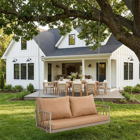 Wicker Porch Swing With Cushioned Seat And Armrests Hangout Ready Outdoor Hanging Swing Bed With Steel Chains in garden