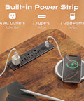 Built-in power strip with 4 AC outlets and USB-C port on rustic brown surface for Huuger 47 X 24 Inch Height Adjustable Electric Standing Desk.